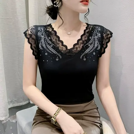 性感V领背心女内搭2024夏装新款蕾丝拼接无袖上衣时尚烫钻小衫潮商品大图