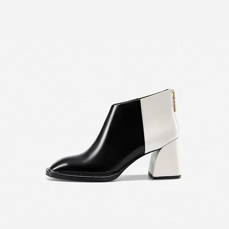 Nine West/玖熙2022年秋冬新款粗跟短靴女拼色后拉链胎牛皮时装靴图片