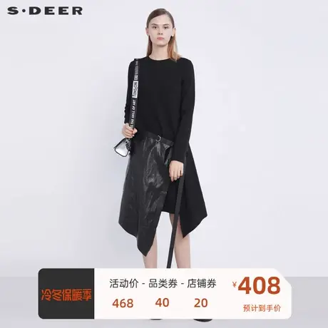 sdeer圣迪奥女装个性圆领拼接不规则长袖连衣裙S21481202图片