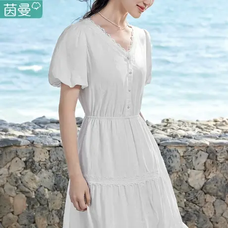 茵曼官方旗舰店亚麻短袖连衣裙子女2023夏季新款白色公主长裙法式商品大图