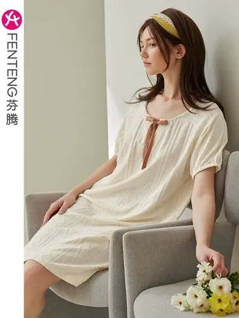 芬腾睡裙女夏季纯棉短袖中长裙提花韩版少女休闲可外穿家居服睡衣商品大图