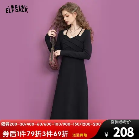 妖精的口袋法式黑色镂空长袖连衣裙女2023冬季新款修身显瘦小黑裙图片