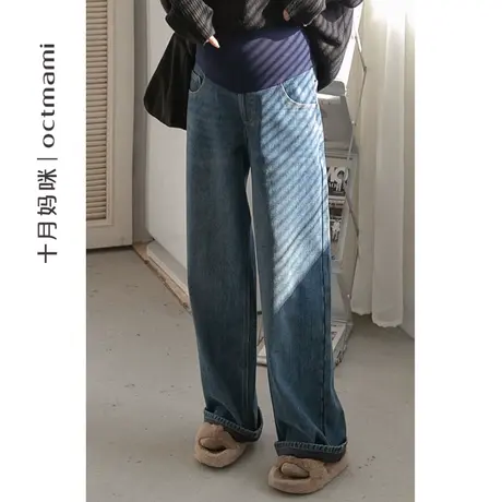十月妈咪孕妇牛仔裤冬季加绒加厚托腹牛仔阔腿直筒阔腿裤子秋冬装图片