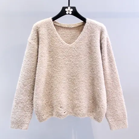 复古慵懒风V领毛衣女秋冬2023新款宽松高级感宽松套头打底针织衫图片