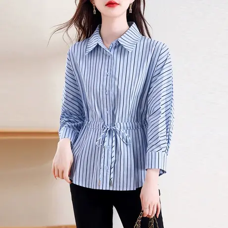 秋装长袖条纹衬衫女2023秋天新款胖MM简约宽松收腰显瘦气质女衬衣商品大图
