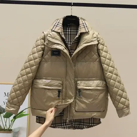 羽绒棉马甲女款2023冬季新款无袖棉服拼接格子衬衫两件套装小个子图片