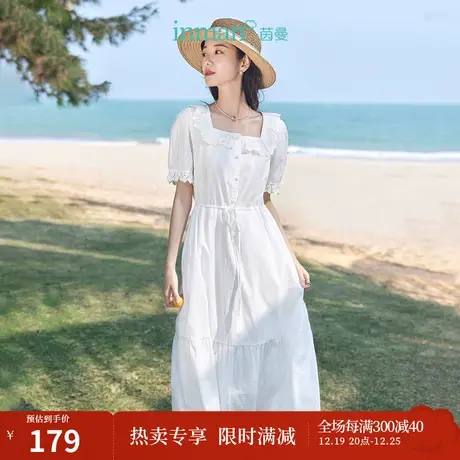 茵曼法式文艺连衣裙2023夏女装新款荷叶边方领泡泡袖绑带收腰裙子商品大图