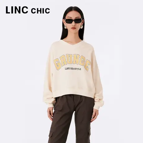 LINCCHIC金羽杰卫衣女2023年秋季新款V领落肩短箱外套S233HD385Y图片