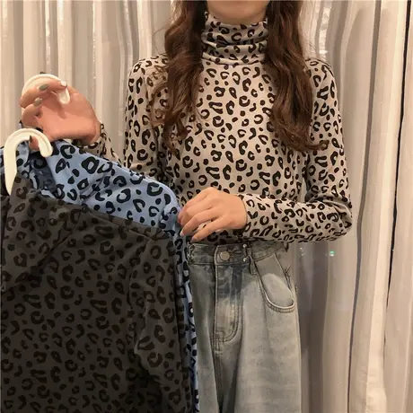 2023年新款春秋冬女装长袖t恤上衣服洋气内搭高领百搭豹纹打底衫商品大图