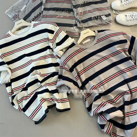 美式正肩条纹t恤短袖女短款宽松小众别致设计感上衣2023新款春夏商品大图