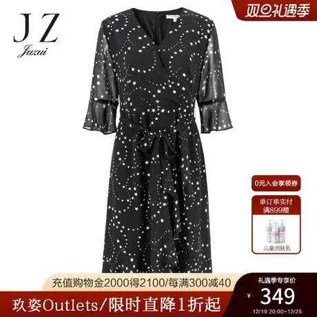 JZ玖姿黑色收腰雪纺连衣裙2022春季新款女V领系带星星印花中长裙图片