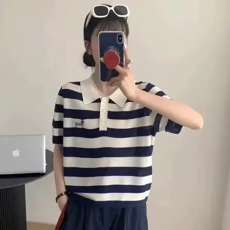 条纹polo领针织短袖t恤女2025新款夏装韩系穿搭薄款显瘦减龄上衣商品大图
