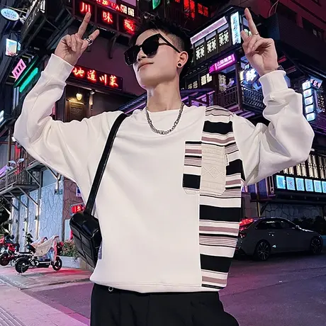 春秋季设计感个性拼接卫衣男时尚长袖打底T恤衫重磅宽松休闲上衣商品大图
