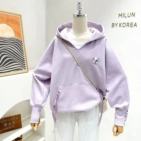ins奶油紫色长袖上衣2023春秋款非正式学院风连帽卫衣日系甜美女图片
