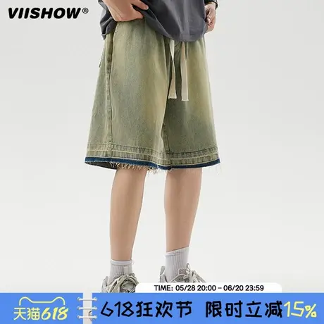 VIISHOW美式复古做旧水洗牛仔短裤男流苏夏季新款宽松直筒五分裤图片