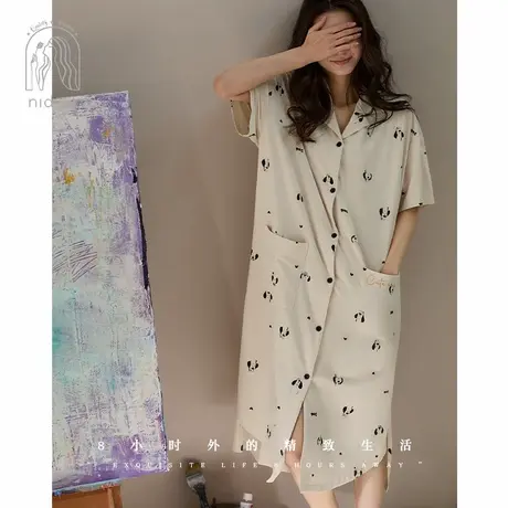 妮狄娅睡衣睡裙女夏季凉感柔软棉短袖开衫中长裙可外穿少女家居服商品大图