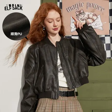 妖精的口袋美式复古皮衣棒球服外套女2023秋新款拼接设计感短外套商品大图