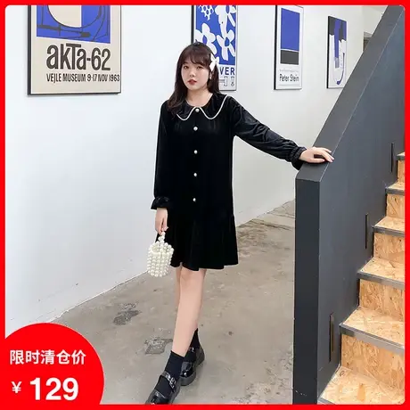 2023秋新款娃娃领减龄珍珠气质直筒遮肉显瘦大码胖MM丝绒连衣裙商品大图