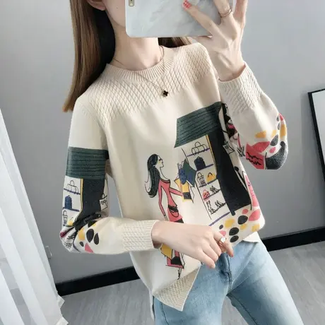 印花毛衣女2023秋冬新款韩版内搭宽松套头圆领上衣复古轻奢针织衫商品大图