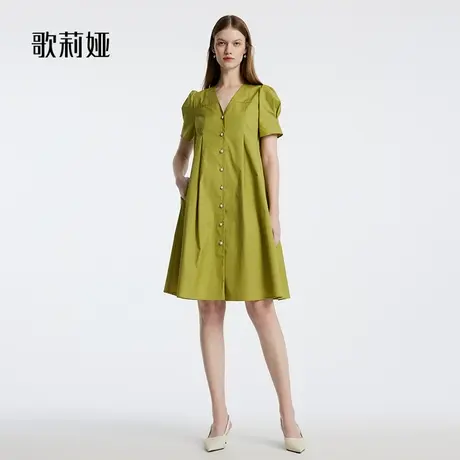 歌莉娅法式v领连衣裙气质绿色出游夏装大码女装微胖裙子1B5R4K640商品大图