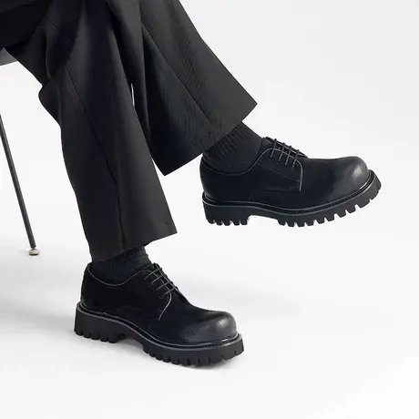哈森男鞋2025新款头层牛皮男士英伦风大头皮鞋厚底德比鞋休闲潮鞋商品大图