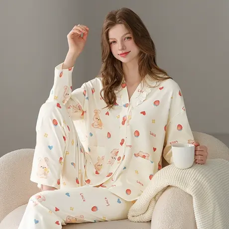 芬腾服饰春秋季女士纯棉开衫休闲睡衣早秋长袖大码全棉家居服套装商品大图