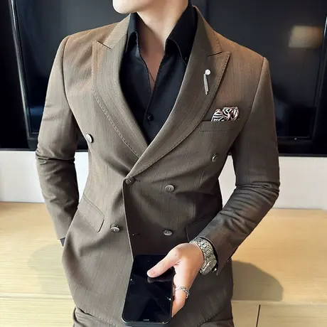 高品暗条纹双排扣西服男秋季垂感外套意式戗驳领新郎结婚礼服套装图片