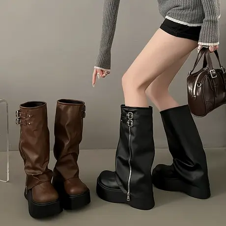 大头裤管靴女甜酷风堆堆靴厚底松糕西部靴不过膝长靴高筒骑士靴子商品大图
