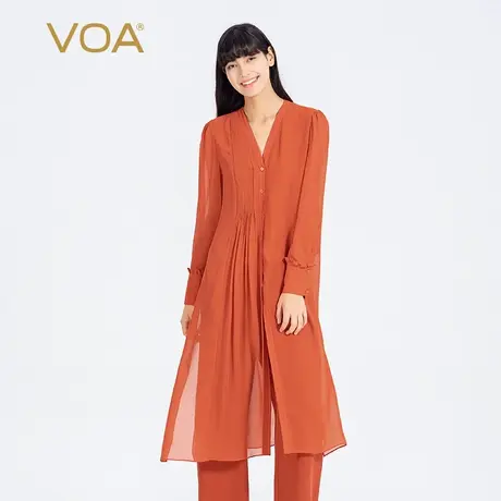 VOA真丝乔其锈红色长袖V领单排多扣不对称塔克褶深开叉中长款衬衫图片