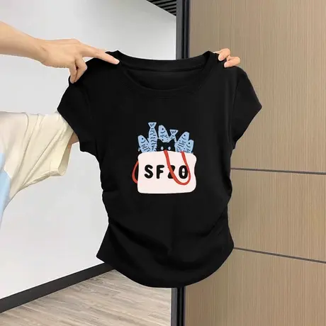韩版chic褶皱收腰上衣女小个子短款设计感印花短袖ins潮大码T恤夏商品大图