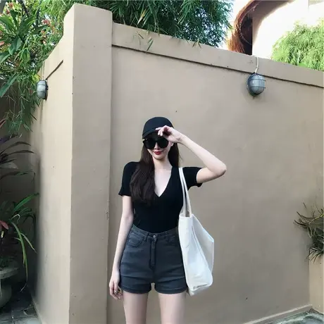 夏装韩版chic修身复古v领百搭泫雅风体恤防晒衫心机短袖t恤女上衣图片