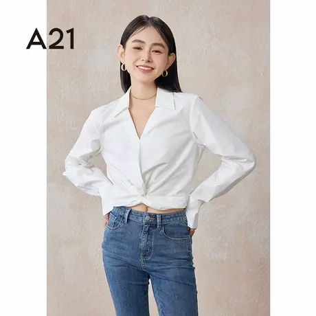 A21女装宽松V领套头长袖衬衫春季纯色高级感设计感商品大图