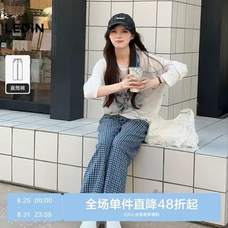 乐町宽松格子裤秋季新款蕾丝边百搭格纹垂感直筒阔腿松紧腰休闲裤商品大图