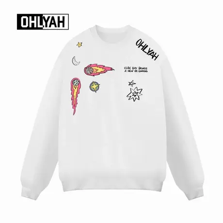 Ohlyah品牌男女同款火焰星星印花圆领卫衣大码落肩白色纯棉情侣装商品大图