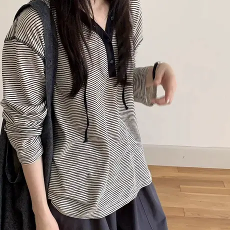 长袖t恤女2025新款秋装慵懒风棉T减龄小衫休闲连帽打底衫条纹上衣商品大图