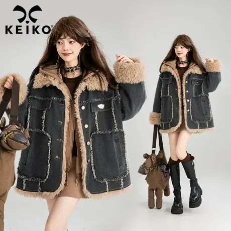 KEIKO [夹棉] 仿山羊毛绒拼接牛仔棉服女秋冬设计感加厚保暖外套商品大图