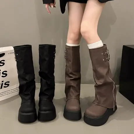 厚底增高长靴女2025年秋季新款褶皱堆堆靴裤管靴小个子百搭骑士靴商品大图