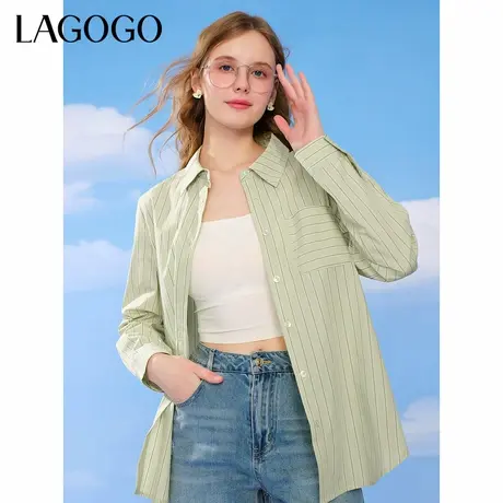 LAGOGO多巴胺绿色条纹纯棉衬衫女拉谷谷春季新款百搭翻领上衣商品大图