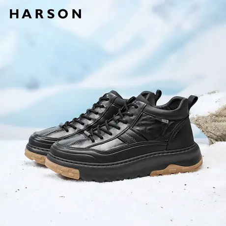 哈森男鞋冬季厚底板鞋真皮保暖男士商务高帮休闲皮鞋加绒棉鞋男款商品大图
