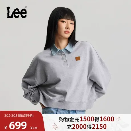 Lee商场同款26春夏新品宽松版牛仔面料拼接翻领设计花灰色女卫衣图片