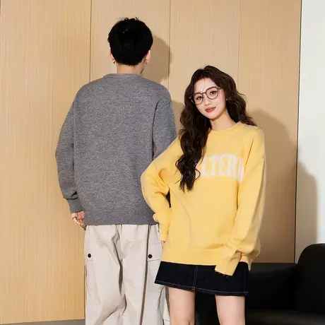 唐狮春秋季情侣毛衣新款圆领韩系休闲简约文字设计感男女毛线衫TE商品大图