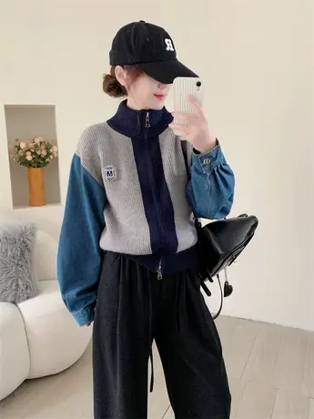 设计感撞色牛仔袖拼接立领开衫毛衣女秋冬季新款复古拉链外套上衣商品大图