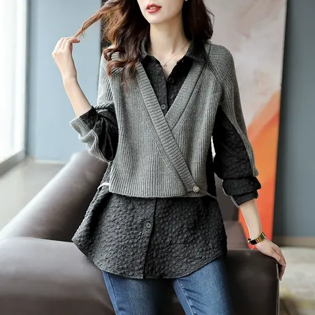 宝诗黎假两件针织拼接衬衫秋季新款POLO领系腰显瘦设计感长袖上衣图片