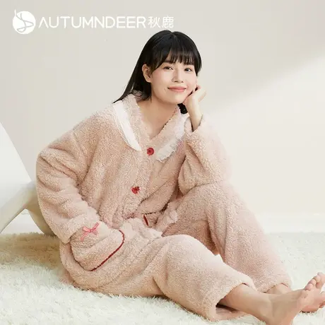 秋鹿长毛绒睡衣女秋冬毛绒甜美蕾丝花边拼接V领珊瑚绒女生家居服图片