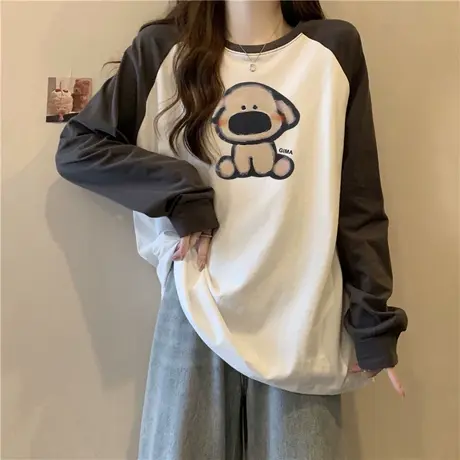 双面德绒磨毛长袖T恤女加绒加厚秋冬装外穿打底衫宽松插肩袖上衣图片