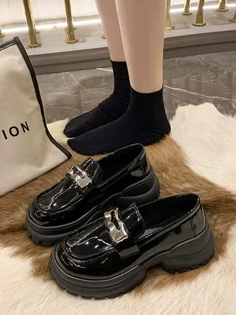 复古法式厚底乐福鞋女2023新款秋季粗跟黑色圆头百搭英伦风小皮鞋商品大图