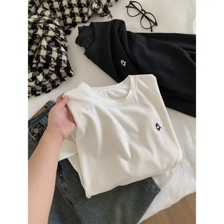 双面德绒刺绣长袖T恤女秋冬季百搭宽松显瘦加绒加厚保暖上衣ins潮商品大图