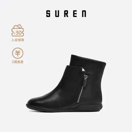 素人SUREN 2021秋冬新款套脚短靴女显瘦真皮靴子简约时尚 064图片