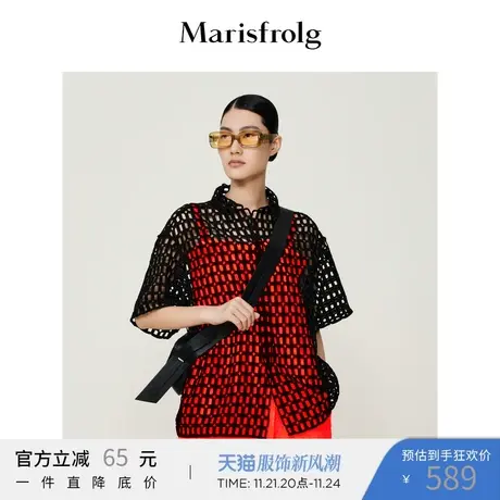 【时尚潮流系列】玛丝菲尔2022年秋季新款镂空黑色宽松外搭衬衫女商品大图