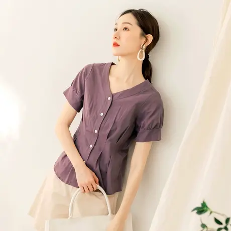 桔熊夏季简约OL纯色V领衬衫收腰修身短袖上衣女胖妹妹大码AB15916图片